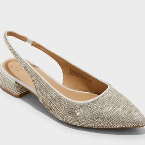 Elle Rhinestone Slingback Pointed Toe 1/2 block Heels New Day Silver NWT size 8